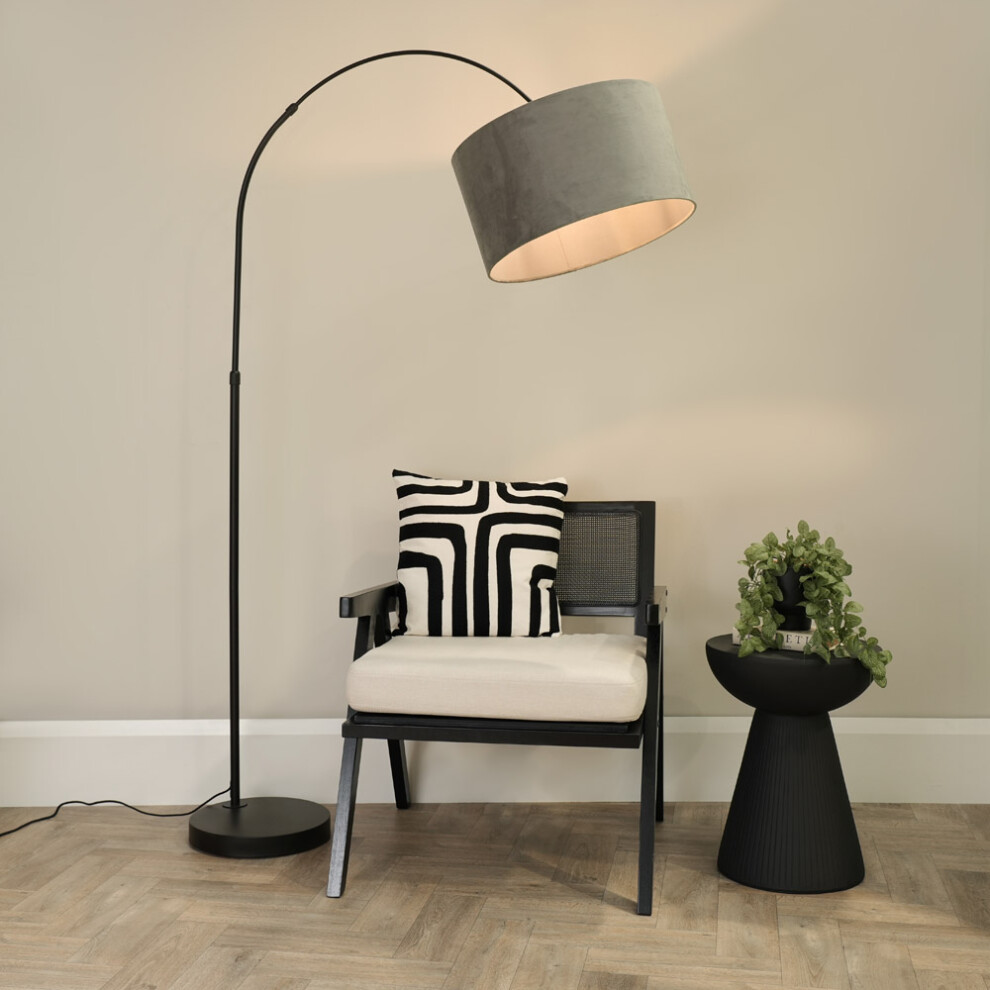 ValueLights Louis Black Arched Floor Lamp with Grey Velvet Shade