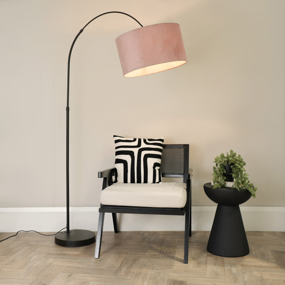 ValueLights Louis Black Arched Floor Lamp with Blush Pink Velvet Shade