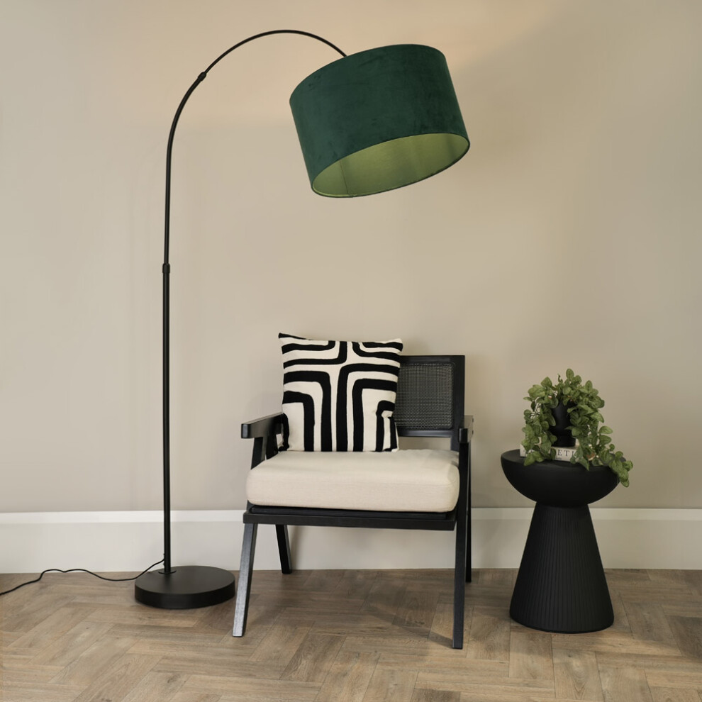 ValueLights Louis Black Arched Floor Lamp with Green Velvet Shade