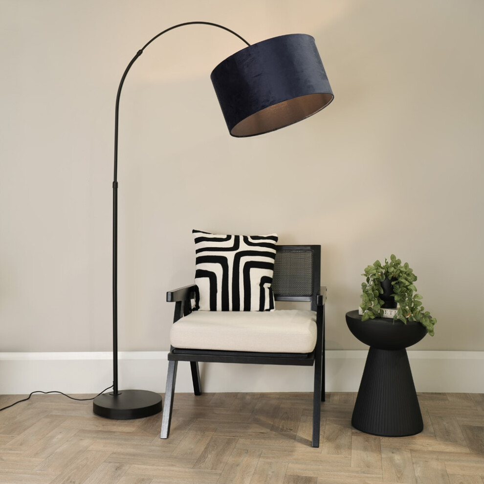 ValueLights Louis Black Arched Floor Lamp with Navy Blue Velvet Shade