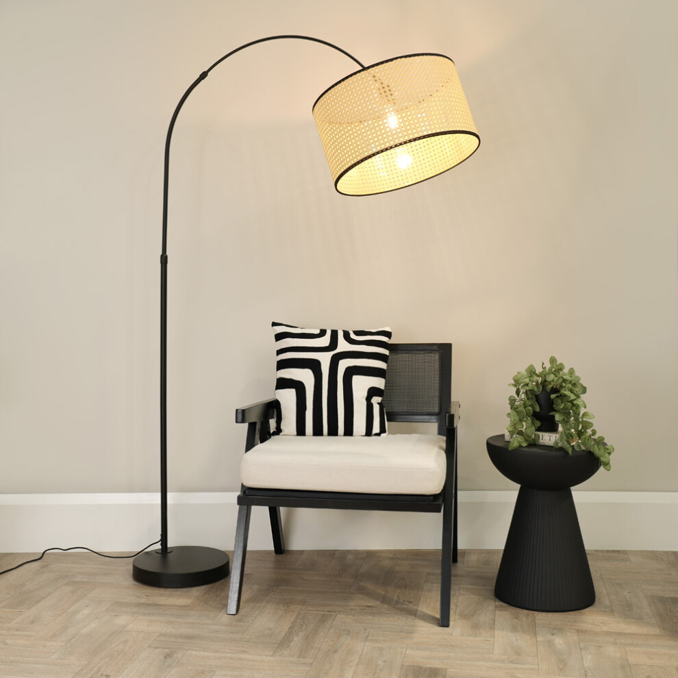 ValueLights Louis Black Arched Floor Lamp with Cane Drum Lamp Shade