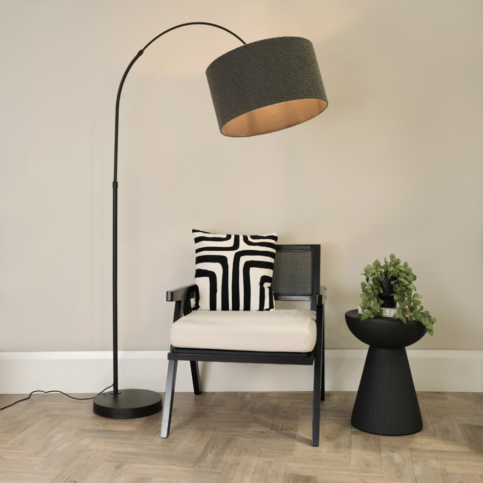 ValueLights Louis Black Arched Floor Lamp with Charcoal Boucle Shade