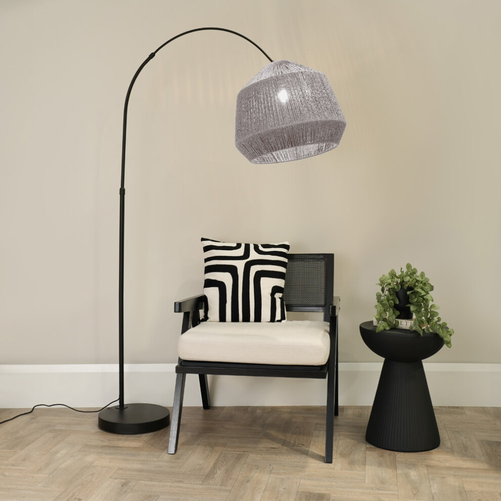 ValueLights Louis Black Arched Floor Lamp with Grey Rope Dome Shade