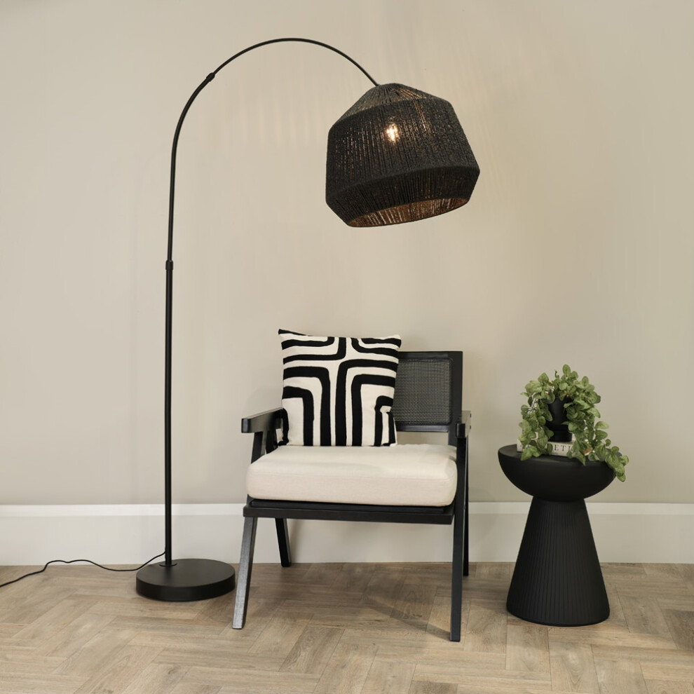 ValueLights Louis Black Arched Floor Lamp with Black Rope Dome Shade