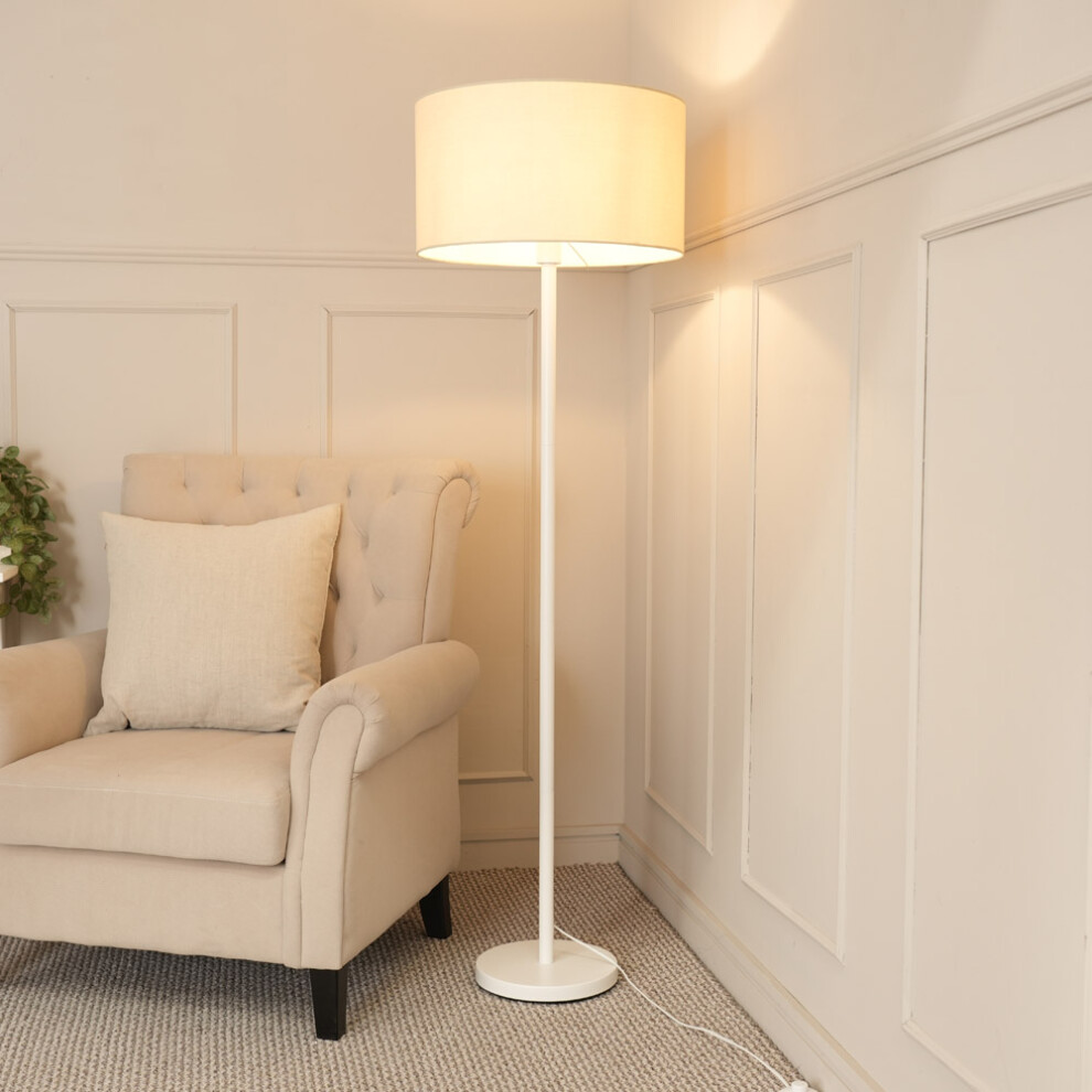 ValueLights Charlie White Stem Floor Lamp with Natural Drum Lamp Shade