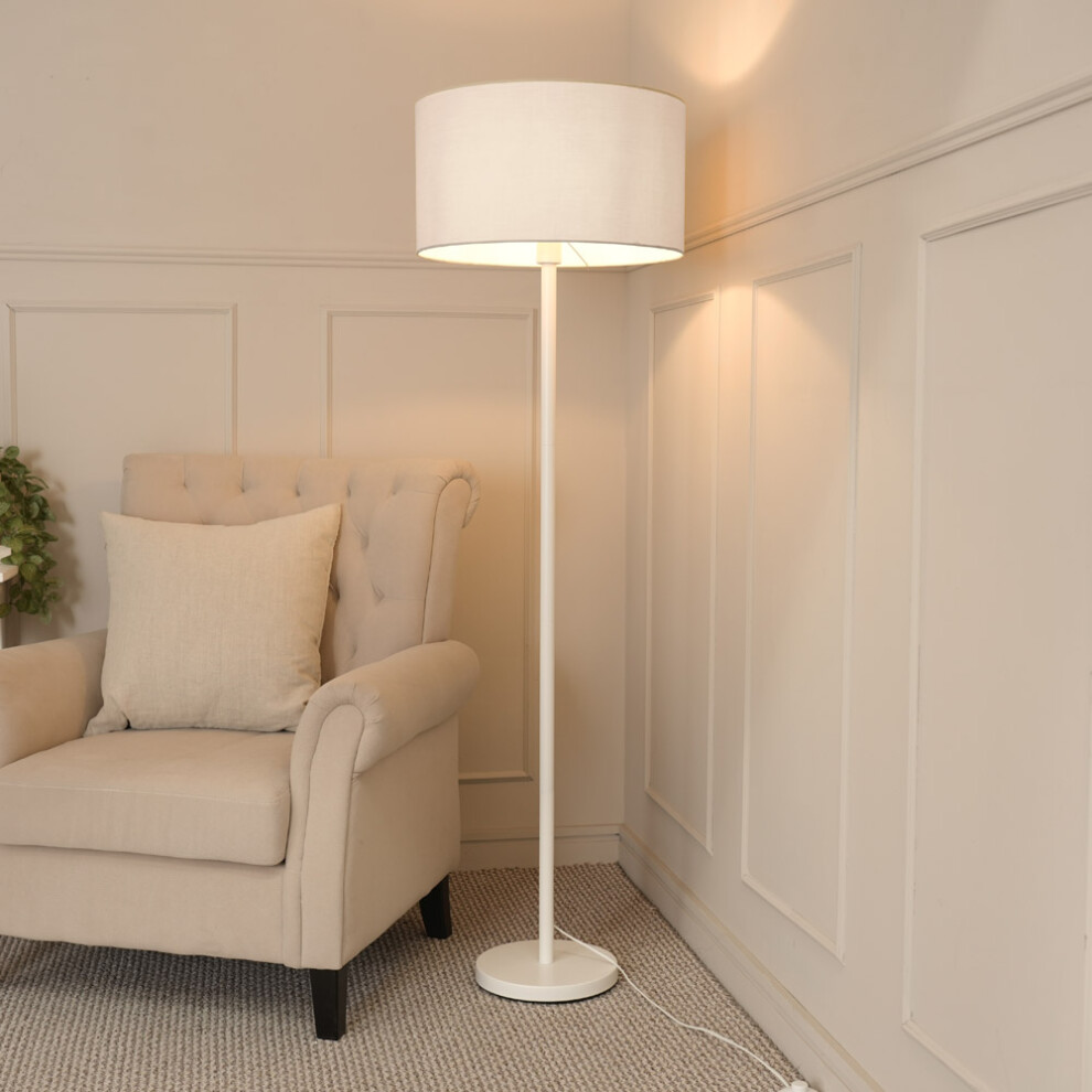 ValueLights Charlie White Stem Floor Lamp with Grey Drum Lamp Shade