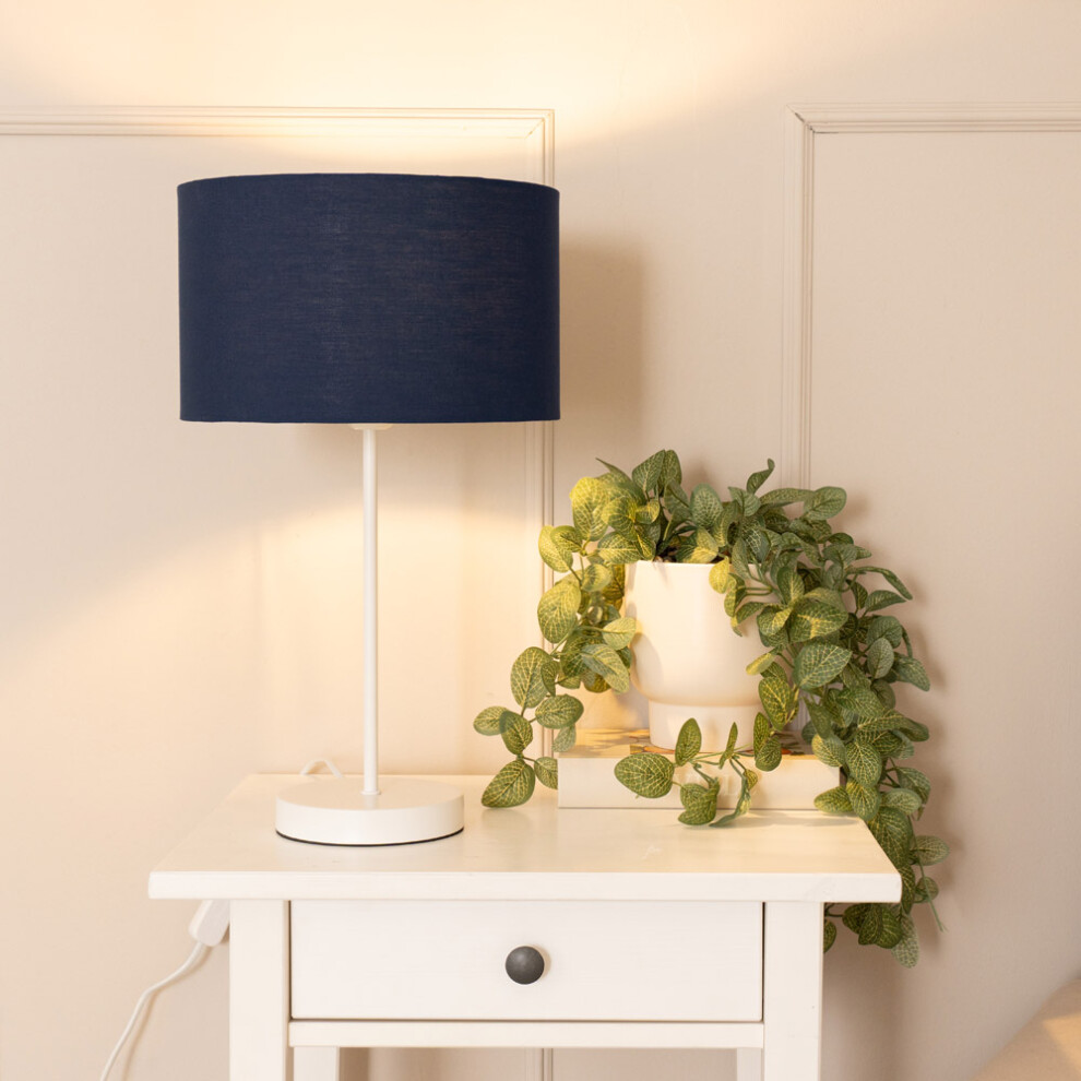 ValueLights Charlie White Stem Table Lamp with Navy Drum Lamp Shade