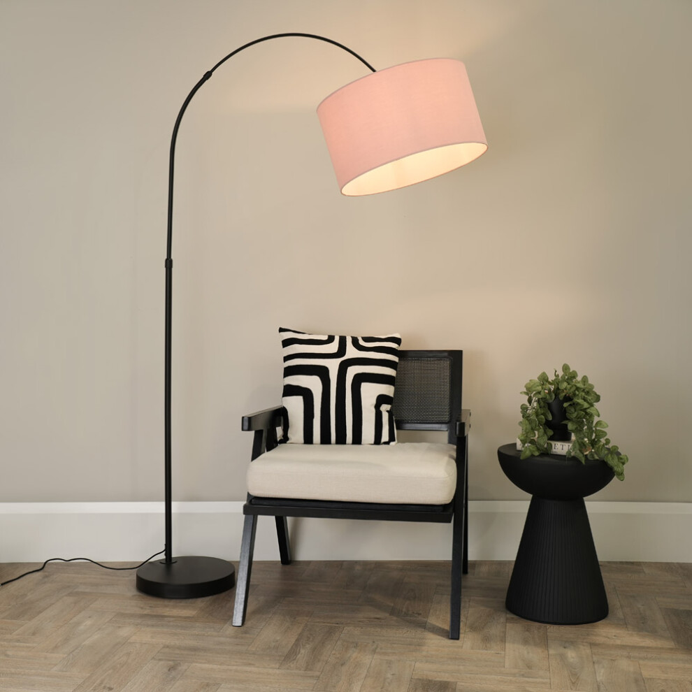 ValueLights Louis Black Arched Floor Lamp with Blush Pink Shade & Bulb