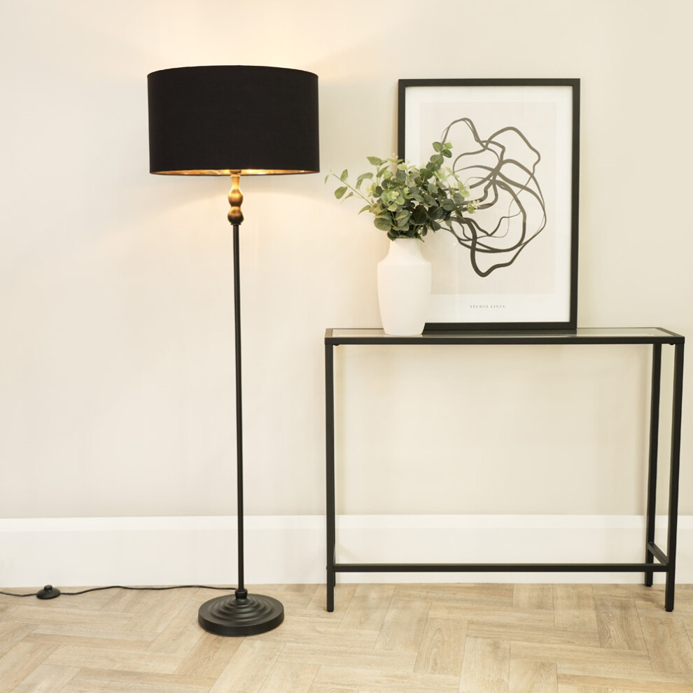 ValueLights Maggie Black & Gold Shade Black Floor Lamp & LED  Bulb