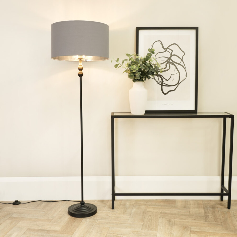 ValueLights Maggie Grey & Chrome Shade Black Floor Lamp & LED  Bulb