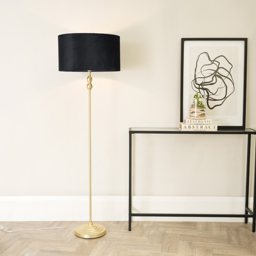 ValueLights Maggie Gold Floor Lamp with Black Velvet Shade and Bulb