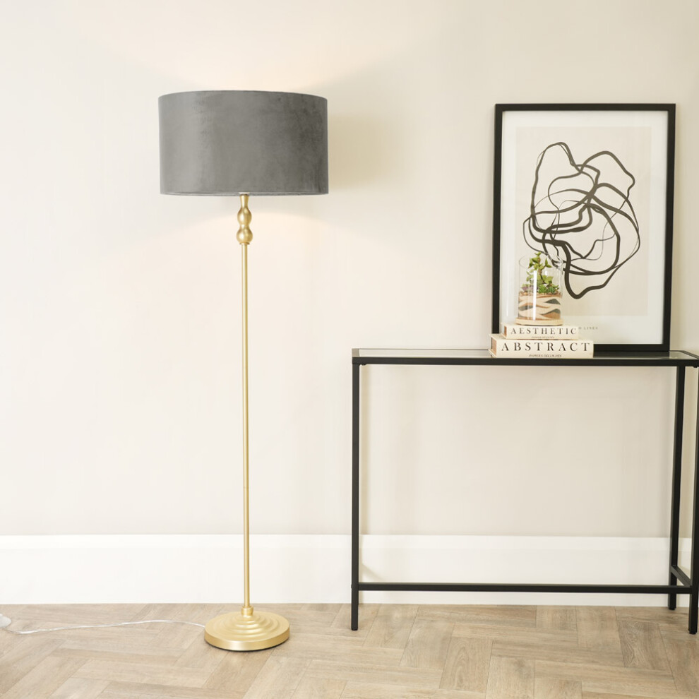 ValueLights Maggie Gold Floor Lamp with Grey Velvet Shade and LED Bulb