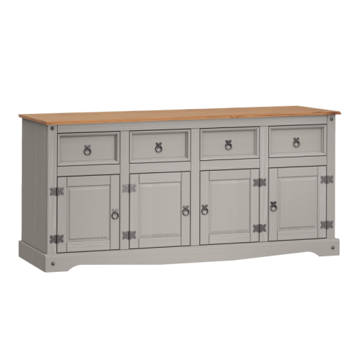 Mercers Furniture Corona Grey Wax 4-Door Sideboard - Solid Pine, 4 Drawers & 4 Doors, Rustic-Chic Modern Storage, Flat-Pack 1