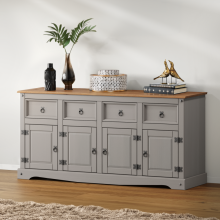 Corona Grey Wax 4-Door Sideboard - Solid Pine, 4 Drawers & 4 Doors, Rustic-Chic Modern Storage, Flat-Pack