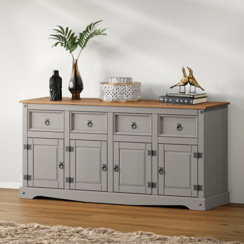 Mercers Furniture Corona Grey Wax 4-Door Sideboard - Solid Pine, 4 Drawers & 4 Doors, Rustic-Chic Modern Storage, Flat-Pack