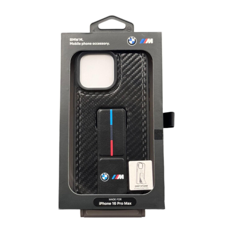 BMW M Grip Stand Smooth and Carbon Case for iPhone 16 Pro Max Black