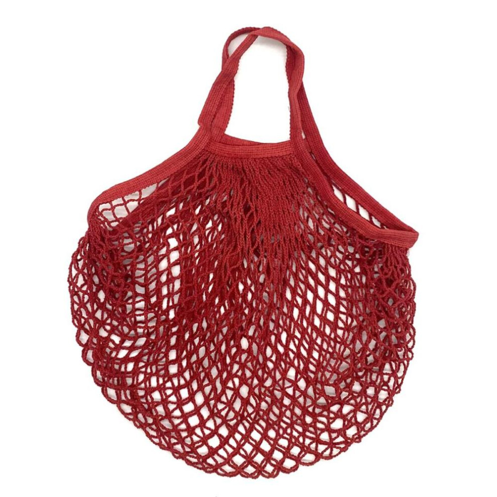 (Red) Portable Reusable Grocery Bags Fruit Vegetable Bag Washable Cotton Mesh String Organic Organizer Handbag Short Handle Net Tote