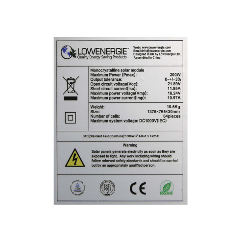 Lowenergie 200w Mono Solar panel Kit 1 2