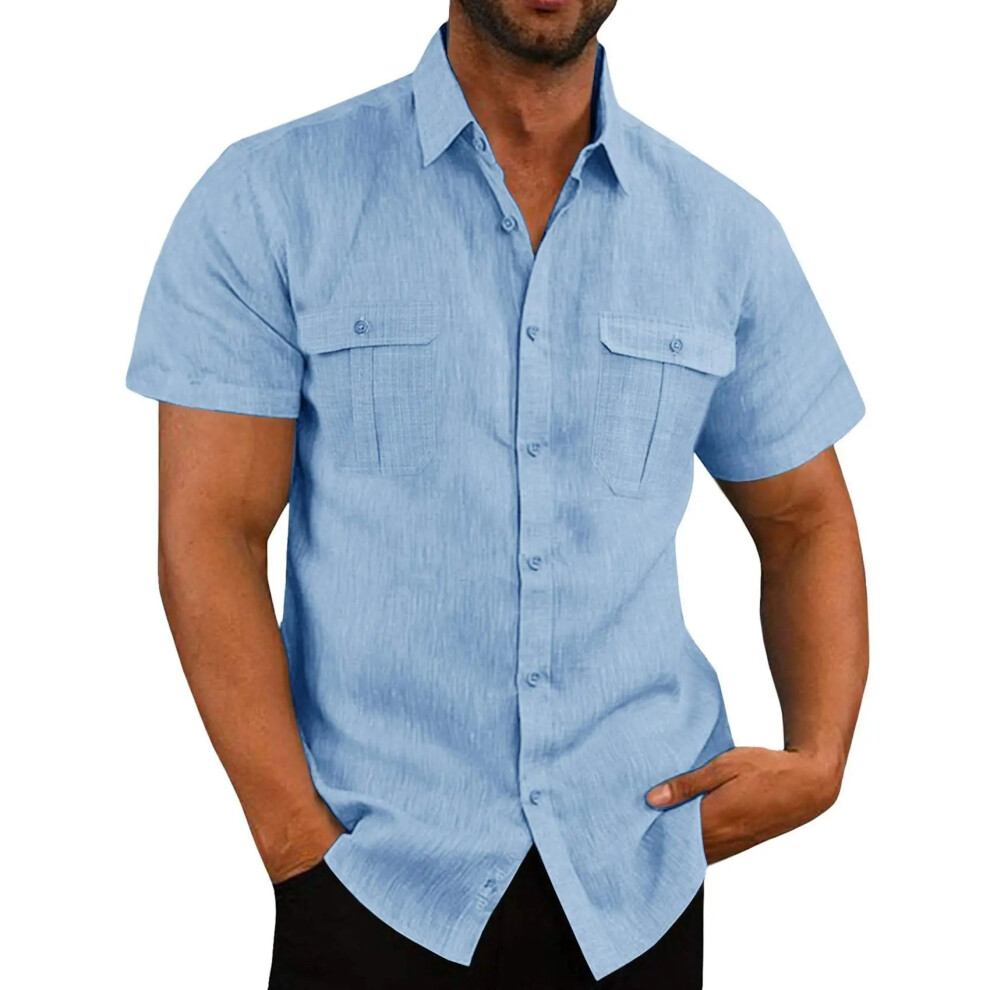 (BLUE, XL) Cotton Linen Mens Short Sleeved Shirts Summer Casual Style Shirt