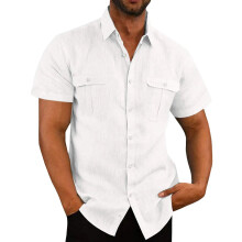 (WHITE, XL) Cotton Linen Mens Short Sleeved Shirts Summer Casual Style Shirt