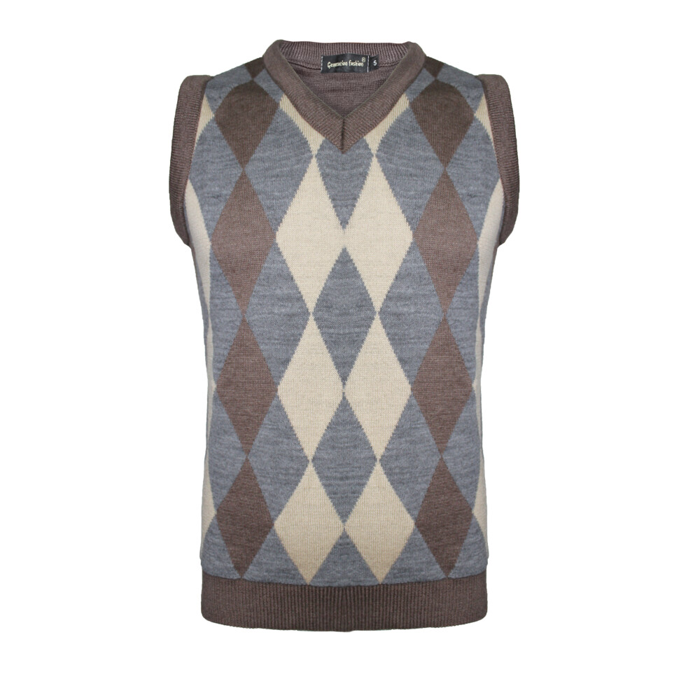 (S, Mocha-Silver) New Men Knitted Vest V-Neck Argyle Pattern Sleeveless Jumper Sweater Vest Ribbed Edge