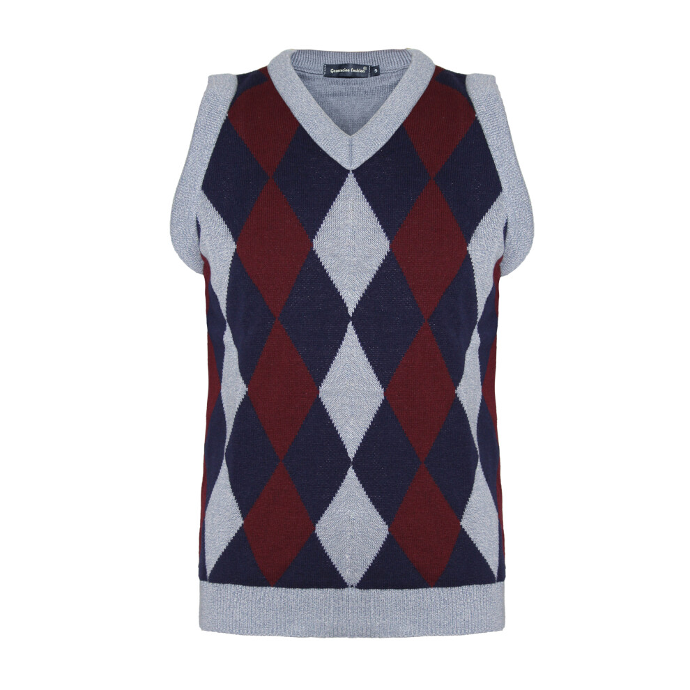 (NEW MEN KNITTED V-NECK Argyle Pattern Sleeveless Jumper Top Sweater Vest With Ribbed Edge[SKY-WINE, M]) New Men Knitted Vest V-Neck Argyle Pattern Sl