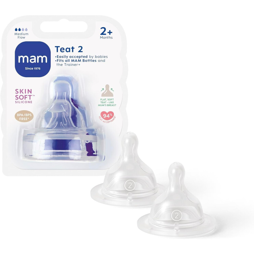 (MAM Teats Size 2, Suitable for 2+ Months, MAM Medium Flow Teats with SkinSoft Silicone, Fits All MAM Baby Bottles, Baby ) MAM Teats Size 2 Suitable f