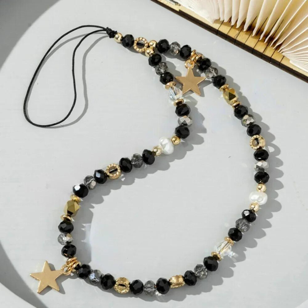 (Black) Acrylic Mobile Phone Chain Five-Pointed Star Pendant Beaded Telephone Lanyard Cellphone Hanging Rope for Women Fashion Jewelry