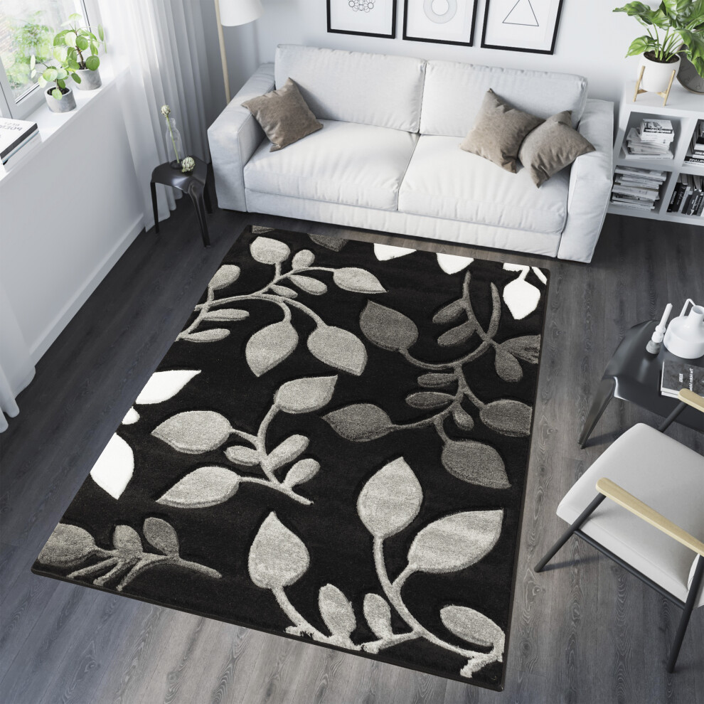 (BLACK / GREY, 160 cm x 220 cm) Large Modern Living Room Floral Carved Vogue Rug