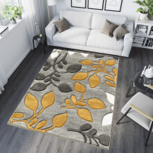 (GREY / YELLOW, 160 cm x 220 cm) Large Modern Living Room Floral Carved Vogue Rug