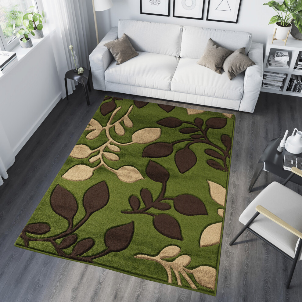 (GREEN / BROWN, 120 cm x 170 cm) Large Modern Living Room Floral Carved Vogue Rug