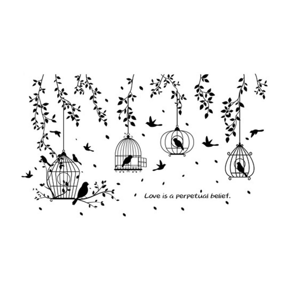Black Birdcage Leaves Silhouette Wall Decor Sticker Living Room Bedroom Decal