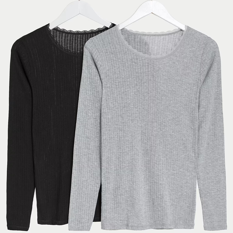 (Grey/Black, 10) EX M&S Womens 2 Pack Thermal Long Sleeve Pointelle Tops