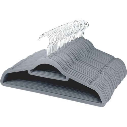 (50 Pack Grey) 50 Non Slip Flocked Velvet Hangers