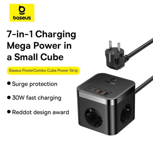 Baseus PowerCombo Cube Wandladegerät, 4000 W, 2x USB-A, 2x USB-C, 3x EU-Stecker 1