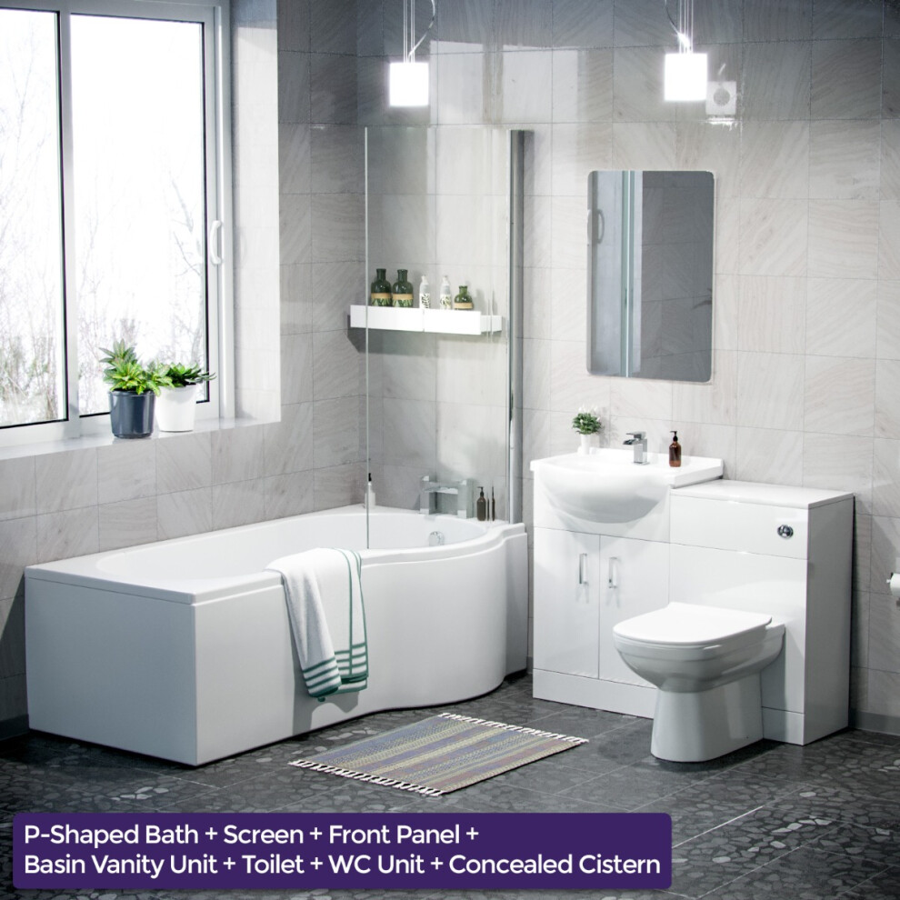 Warton P-Shaped Right Handed Bath, 550mm Vanity Basin Unit, WC Unit and Curved BTW Toilet Suite White