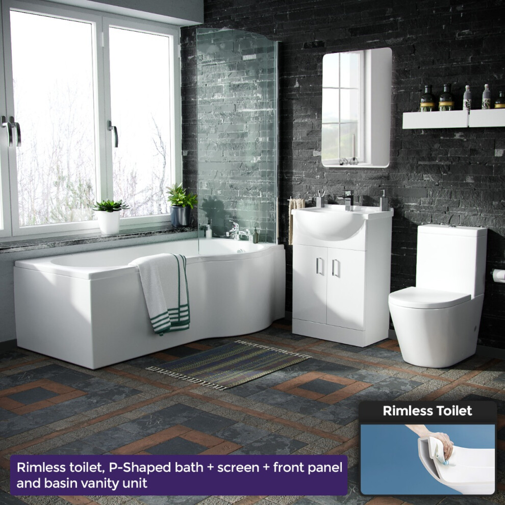 Warton P-Shaped Right Handed Bath, 550mm Vanity Basin Unit, WC Unit and Toilet Suite White