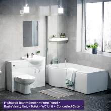 Warton P-Shaped Left Handed Bath, 550mm Vanity Basin Unit, WC Unit and Curved BTW Toilet Suite White