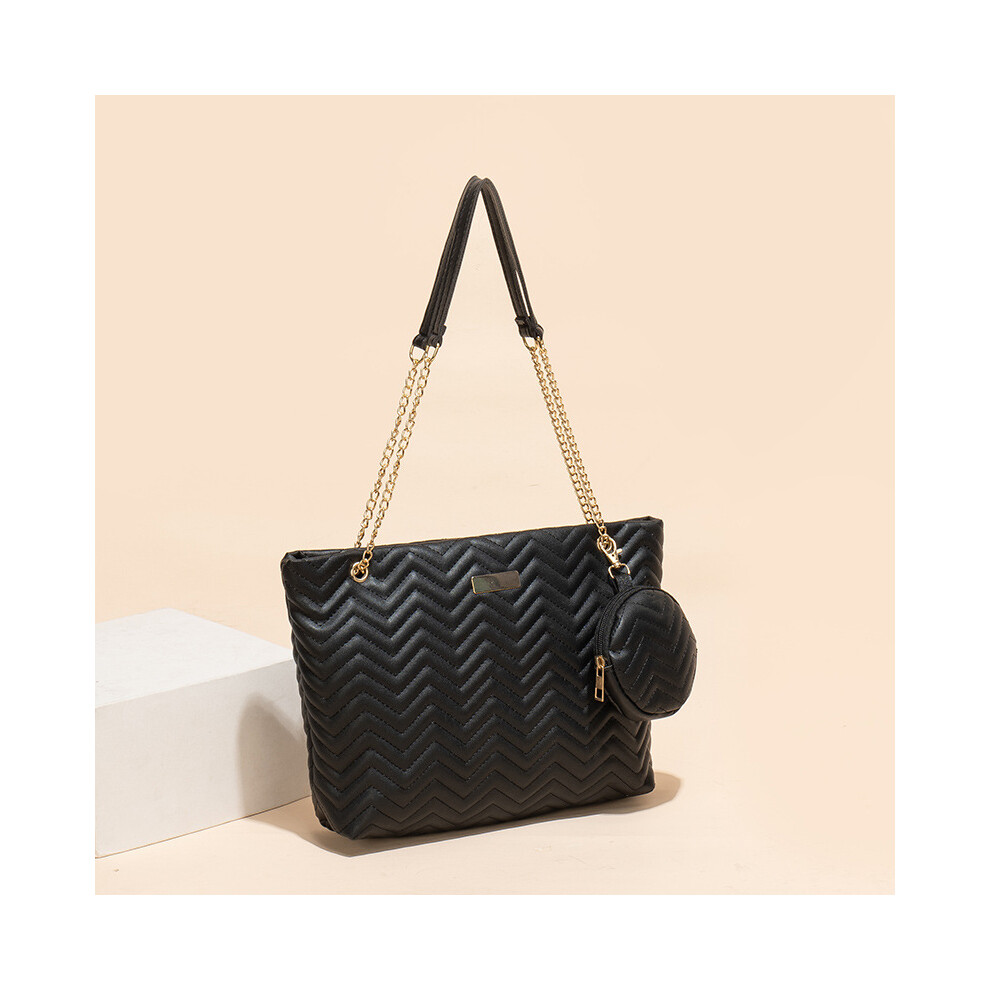 (Black) Stylish White And Black Large Capacity Embroidered Tote Two Piece Set Handbag For Women