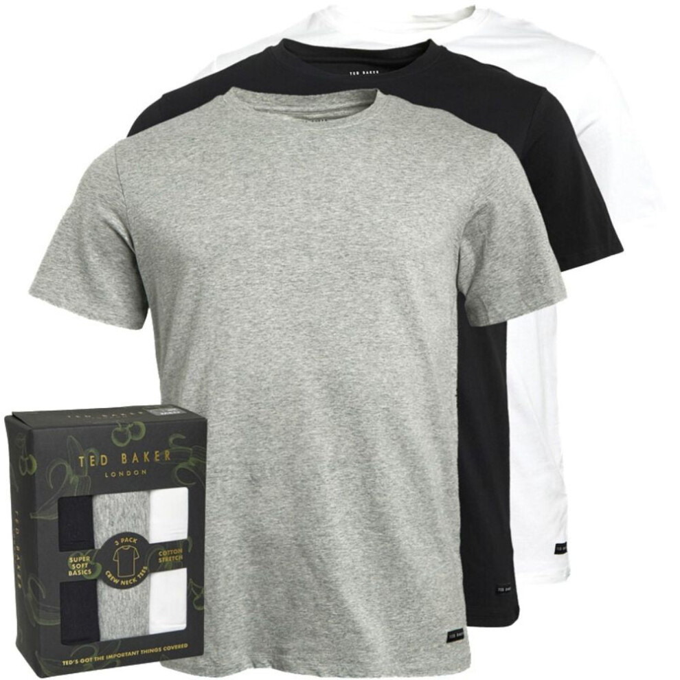 (M) 3-Pack Cotton Stretch Crew-Neck T-Shirts, Black/White/Grey