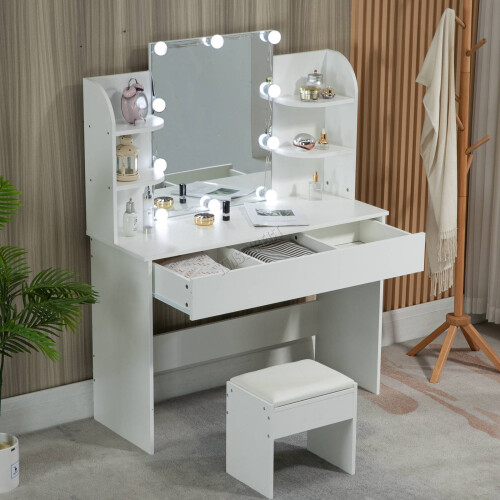 Westwood WestWood White Dressing Makeup Table Set Stool Adjust LED Mirror Shelves Drawers 1