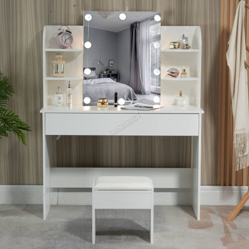 Westwood WestWood White Dressing Makeup Table Set Stool Adjust LED Mirror Shelves Drawers 2