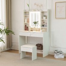 WestWood White Dressing Makeup Table Set Stool LED Mirror Hooks Adjust Shelves