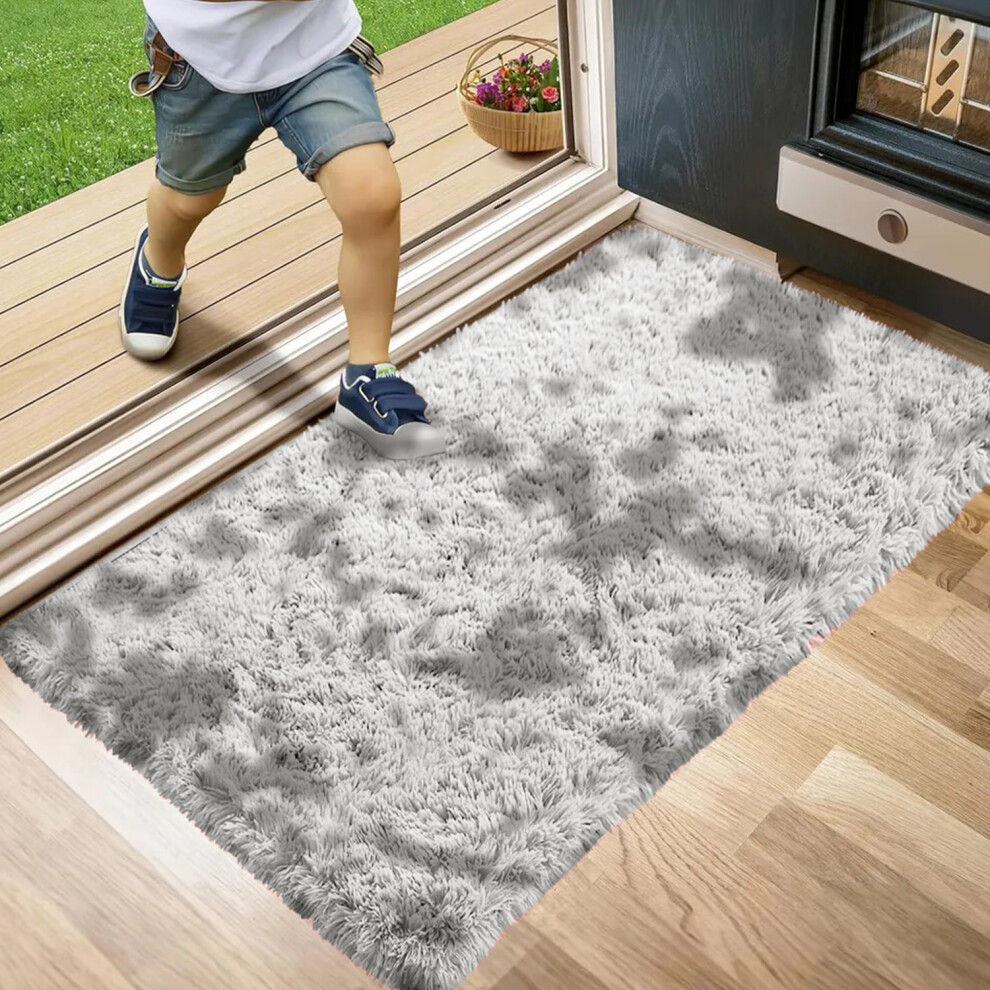 (60cm x 110cm (2ft x 3ft 7")-Door Mats, Tye Dye Light Grey) Non Slip Rugs Shaggy Thick Large Living Room Rugs Bedroom Carpets Hallway Runner & Bath Door Mats