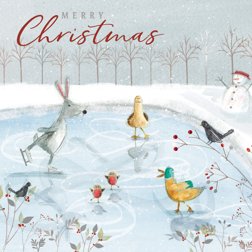 Animals Ice Skating Luxury Hand-Finished Foiled Christmas Card  Xmas Cards