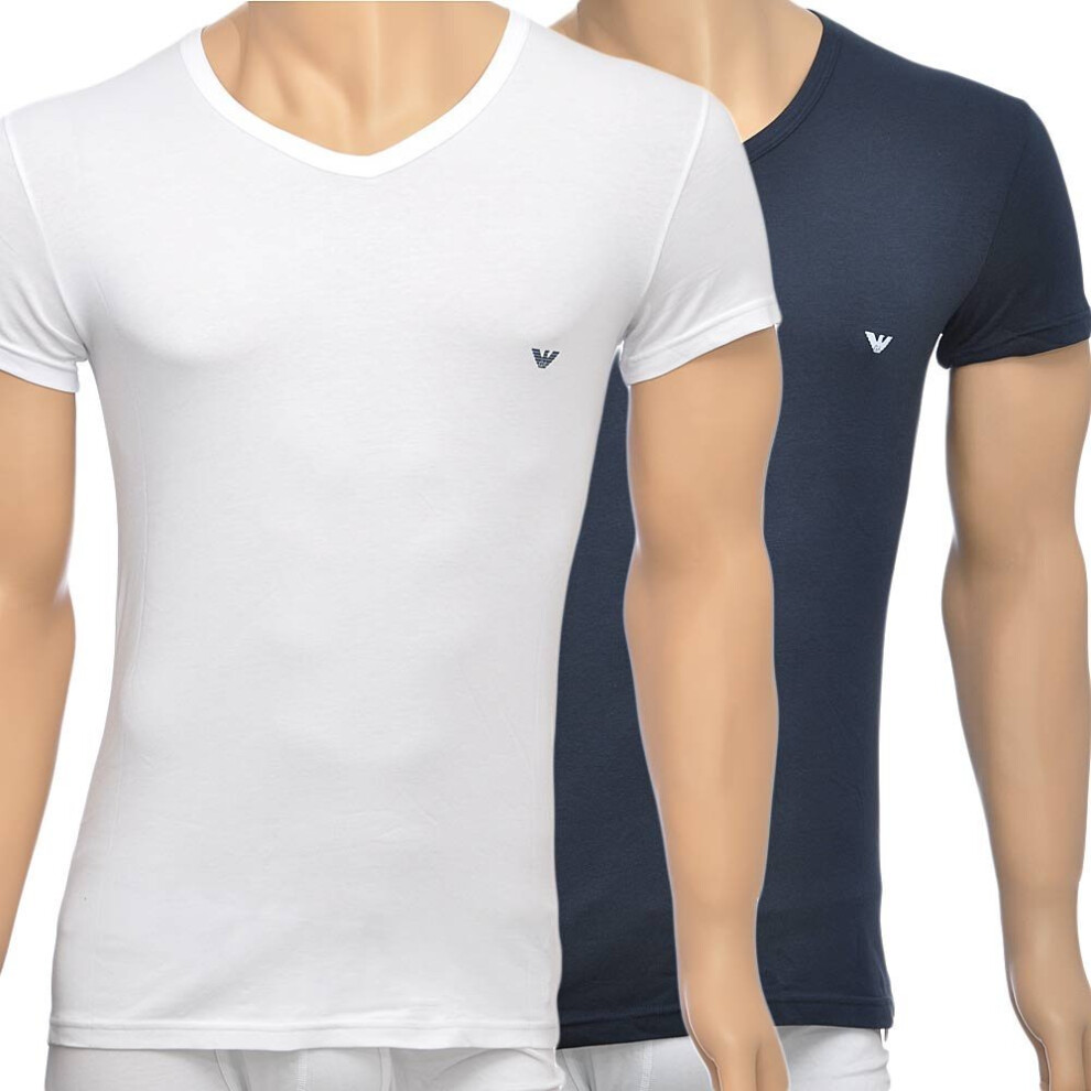 (S) Bodywear 2-Pack Stretch Cotton V-Neck T-shirt, White/Navy