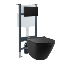 Nes Home Rimless Round Wall Hung Toilet, Cistern Frame, Flush Button Matte Black