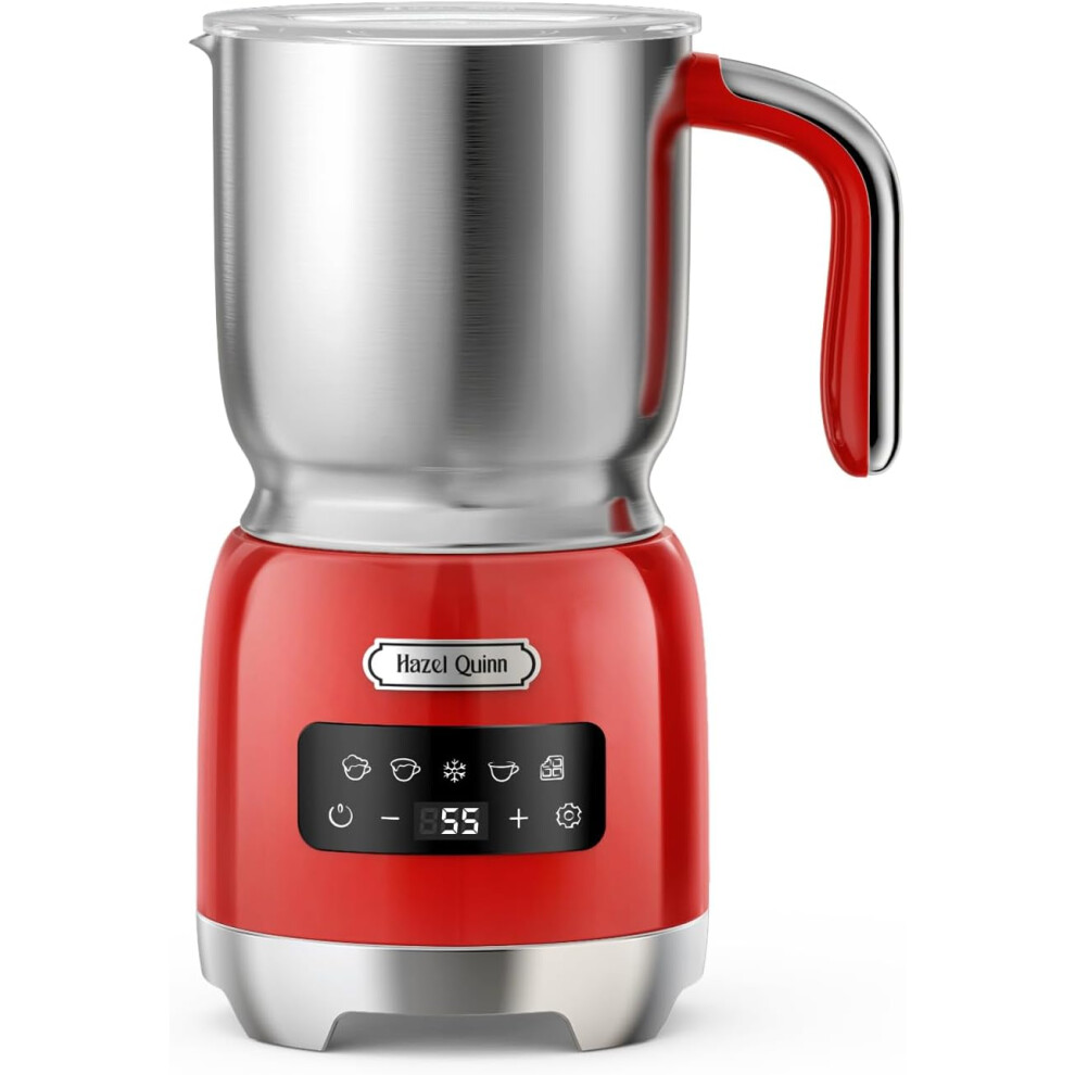 (Ruby Red) Milk frother, 5 in 1 automatic frother and steamer, hot and cold frother, adjustable temperature and thickness, removable cup, dishwasher safe
