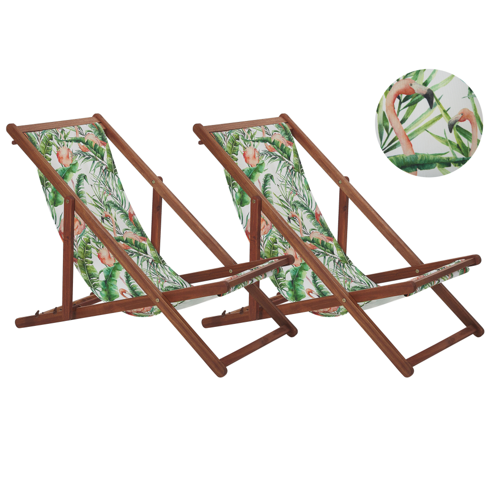 Set of 2 Acacia Folding Deck Chairs and 2 Replacement Fabrics Dark Wood with Off-White / Flamingo Pattern ANZIO