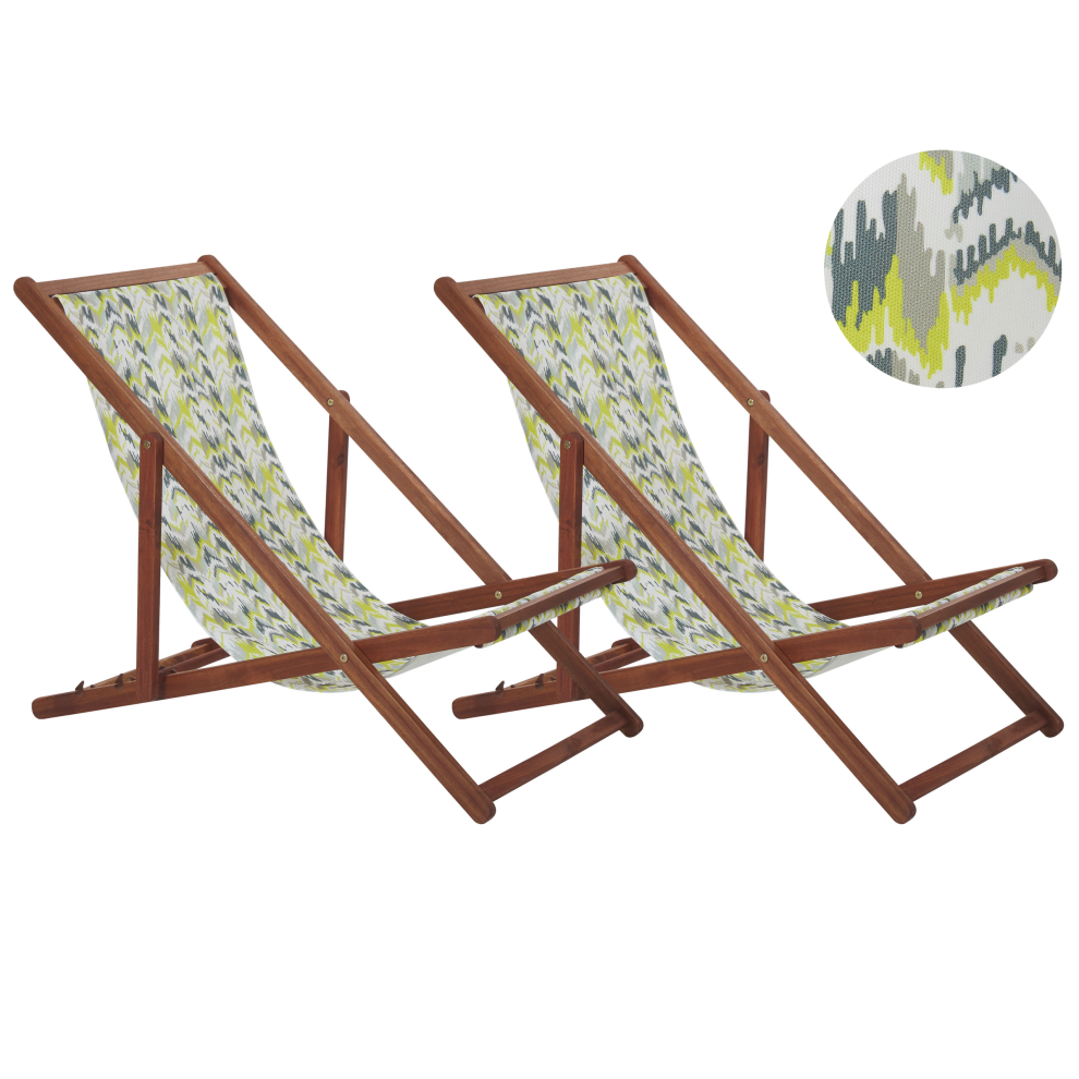 Set of 2 Folding Deck Chairs ANZIO with Replacement Fabrics Abstract Motif Acacia Wood Dark Brown